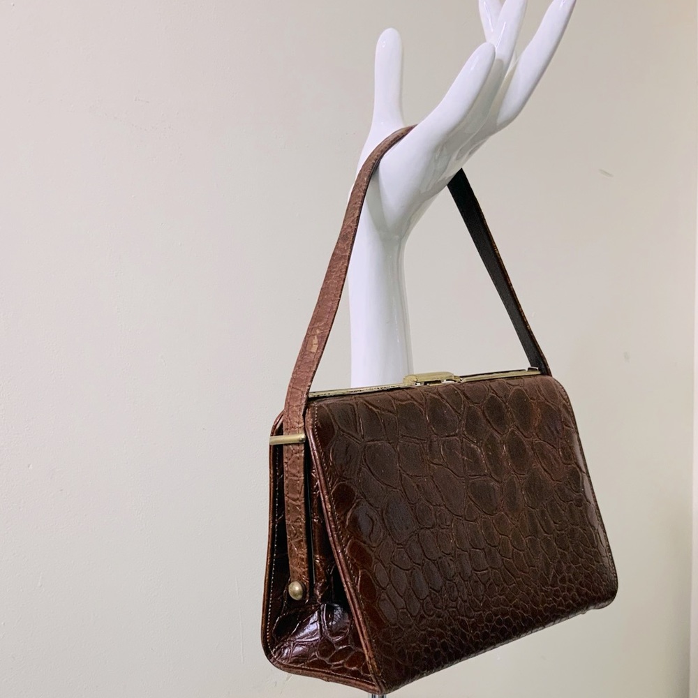 VINTAGE Leather Croc-embossed Top Handle Purse
